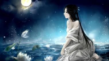 girls-night-moon-water-lily-painting-beautiful-mood